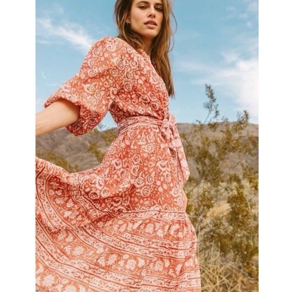Cleobella Sara Floral Belted Midi Dress Terracotta Lined Womens Size XL